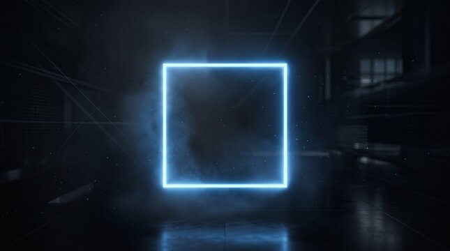 Floating glowing blue square frame in dark room with window blinds