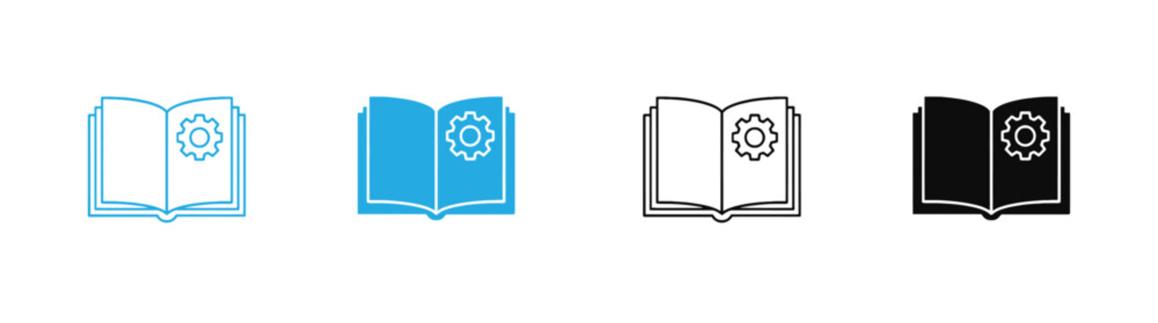 Open book gear icon with  set  illustration for user manual, technical documentation, settings guide, instruction booklet, and educational development. Features open book pages with a cogwheel  .