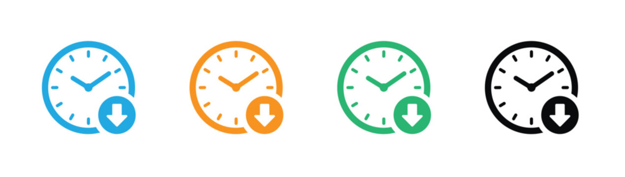 Clock downward arrow with vector icon set for time reduction, delay, quick turnaround, countdown, and time management. Features analog clock face with downward direction arrow in four distinct colors: