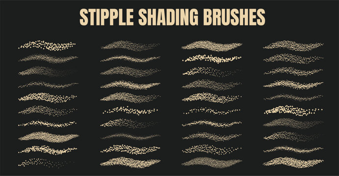 Stipple shading wavy brushes vector set with retro dotted curved noise texture strokes, grainy pointillism gradient ink hatch elements for vintage artwork drawing on dark background.