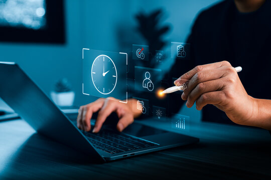 Business time management concept with professional touching virtual clock interface showing schedule deadline planning productivity workflow and project task organization