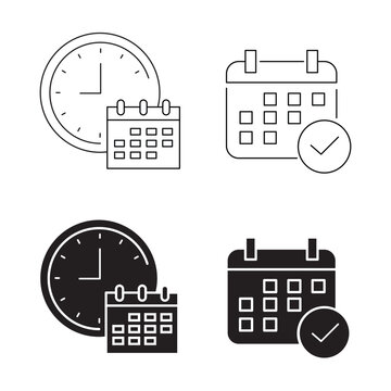 Clock with calendar and calendar checkmark icon set for appointment schedule.Editable stroke, Vector illustration, Line art Icon, Symbols.