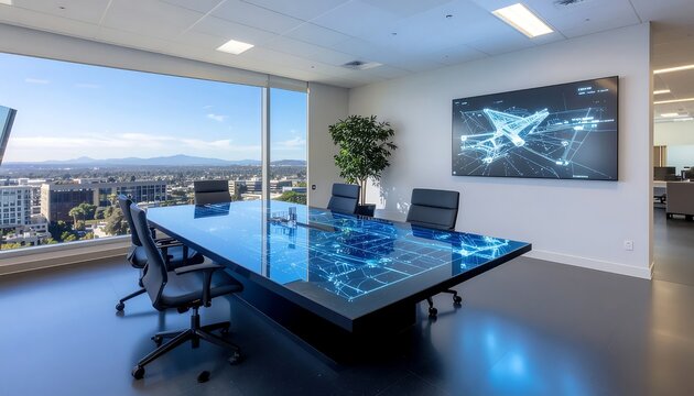 Modern office meeting room with city view and interactive table