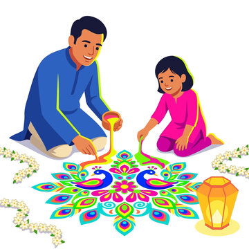 Man creating traditional colorful rangoli peacock design for Diwali festival