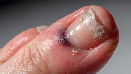 Fototapeta premium Crushed toe injury with discolored toenail and swollen digit in close-up macro clinical photography