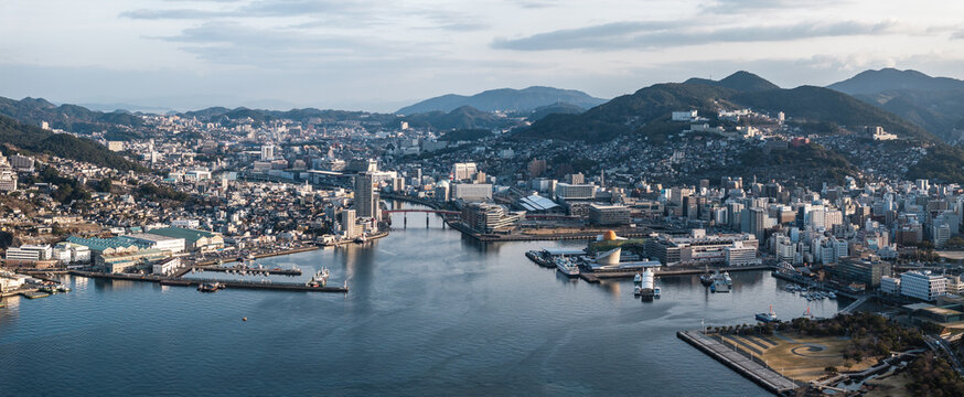 Aerial view of the skyline of Nagasaki Port City, Japan