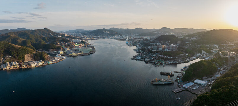 Aerial view of the Port along the harbour in Nagasaki city, Japan