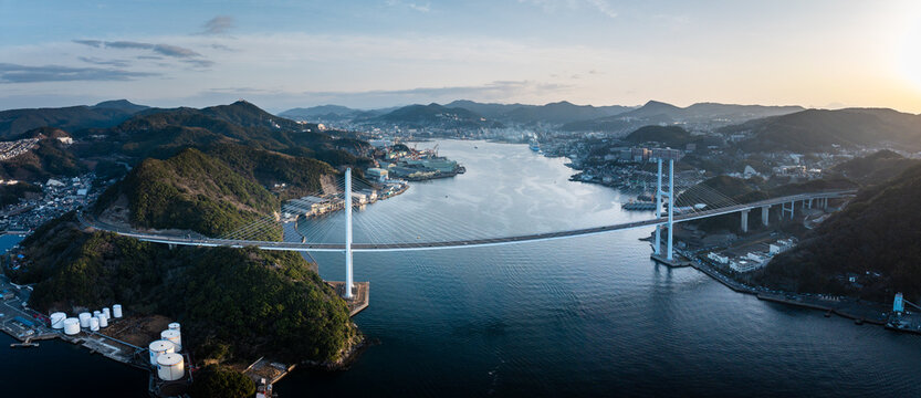 Aerial view of the Megami Ohashi bridge across the channel  in Nagasaki, Japan.