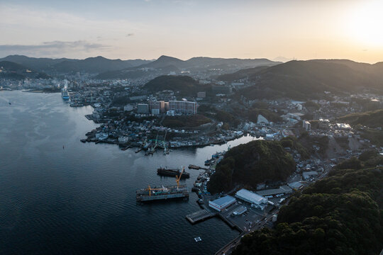 Aerial view of the Port along the harbour in Nagasaki city, Japan