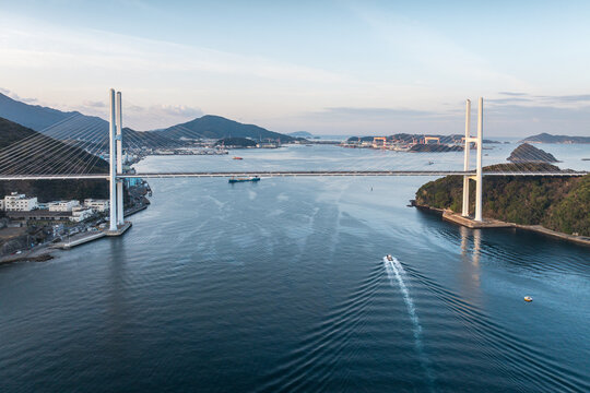 Aerial view of the Megami Ohashi bridge across the channel  in Nagasaki, Japan.