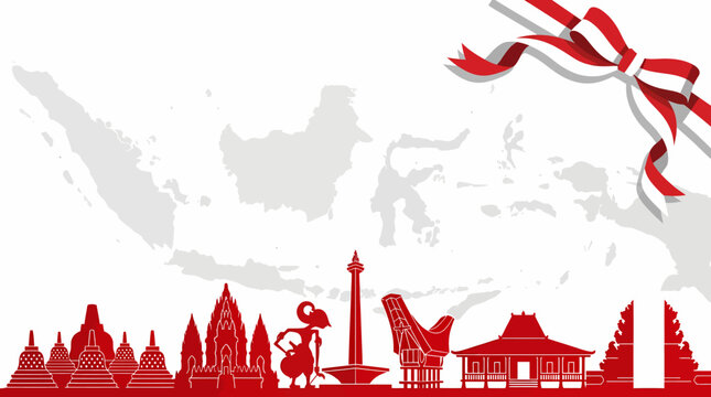 Indonesian independence day background with map silhouette and famous cultural landmarks in red and white colors.