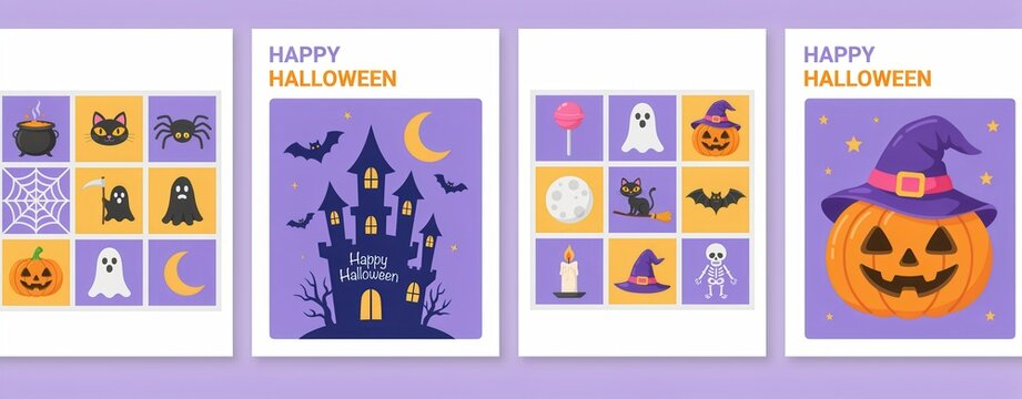 Set of halloween greeting cards with cute festive icons