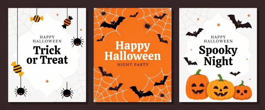 Set of halloween party invitation cards with bats and spiders