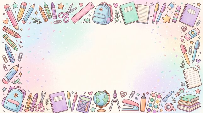 Pastel colored hand drawn school supplies border featuring pencils notebooks backpacks and globe on a soft gradient background with empty central copy space for education themed designs and student