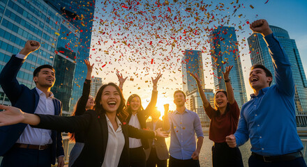 Obraz premium Excited business people celebrating under falling confetti in office perfect for corporate career success and team victory concepts