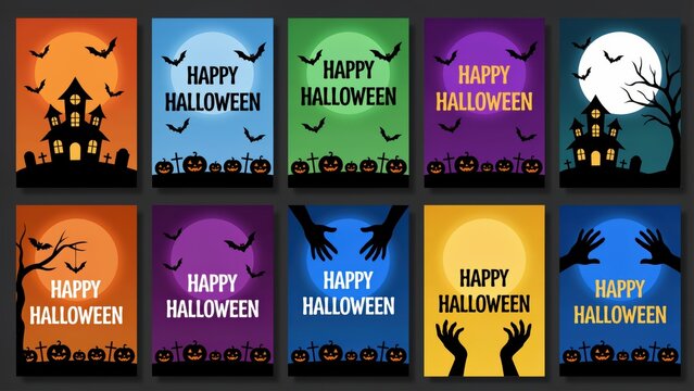 Set of halloween greeting cards with spooky silhouettes