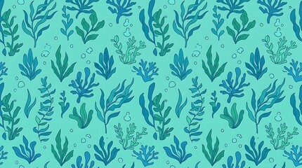 Seamless pattern of blue and green seaweed and coral underwater