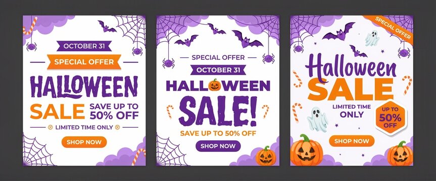 Halloween sale posters with pumpkins and bats