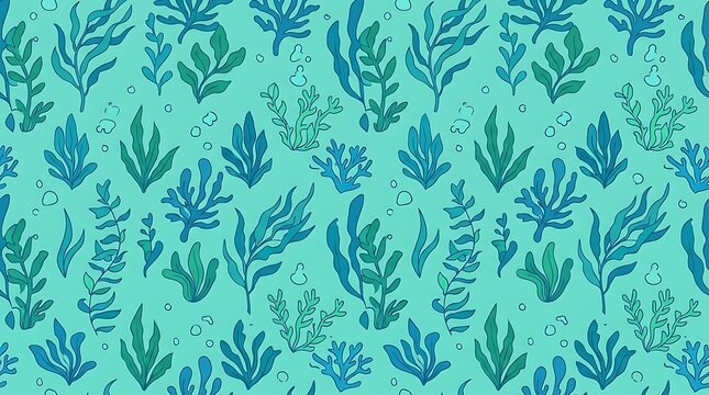 Seamless pattern of blue and green seaweed and coral underwater
