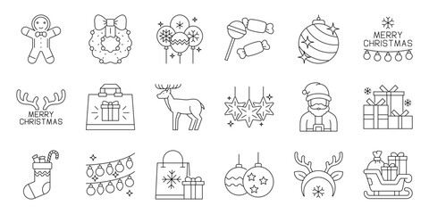 Minimalist Christmas holiday line icons set featuring Santa reindeer ornaments and seasonal gift decorations for design projects © Tifany