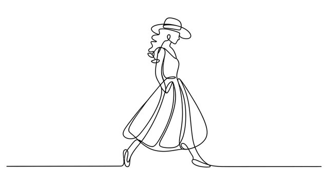 Continuous single line drawing of a stylish woman wearing a summer dress and hat walking gracefully isolated on white background Vector, illustration