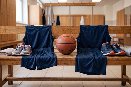 Distinct male and female athletic uniforms and a basketball on a locker room bench