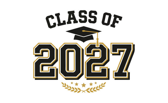 Academic class of twenty twenty seven graduation badge design featuring collegiate typography mortarboard cap and gold laurel wreath