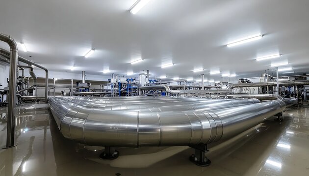 Modern industrial factory interior with large metallic equipment