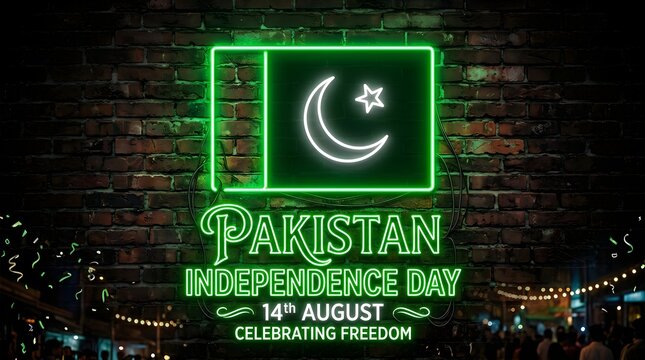 Bright green neon sign displaying the Pakistan flag with celebratory text for the fourteenth of August national independence day event