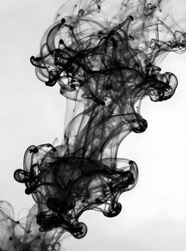 Dramatic black ink clouds swirling and dissolving in water against white background artistic macro.