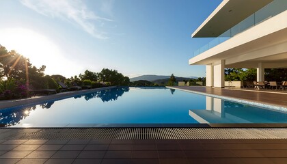 Fototapeta premium Modern infinity pool with sunset view and luxury villa