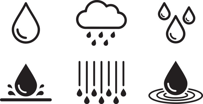 Water cycle icons showing rain, cloud, droplets, and puddles Vector