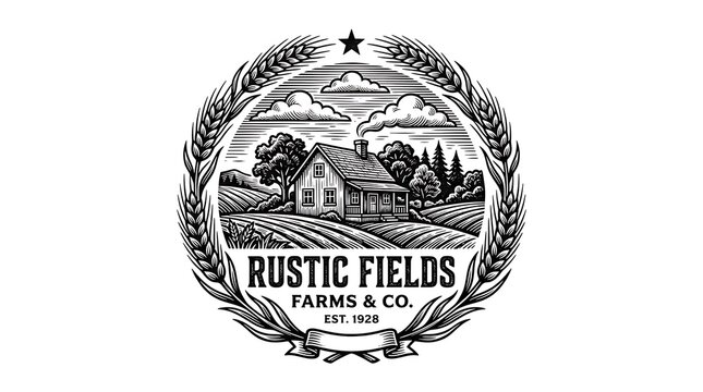 Vintage farm emblem with rustic farmhouse and wheat wreath