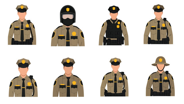 Set of police officer avatars with different uniforms and headwear, representing law enforcement professionals.