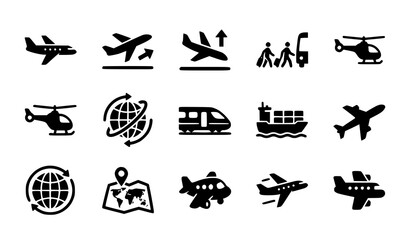 Obraz premium Contemporary Solid Airport and Aviation Icons with Plane Flight Boarding Terminal and Travel Symbols