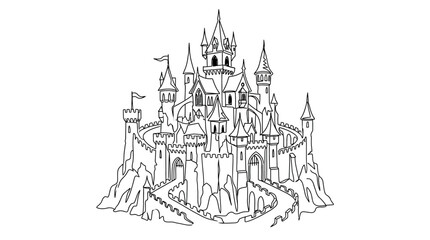 Black and White Line Art Illustration of a Fantasy Castle © Klumbrak