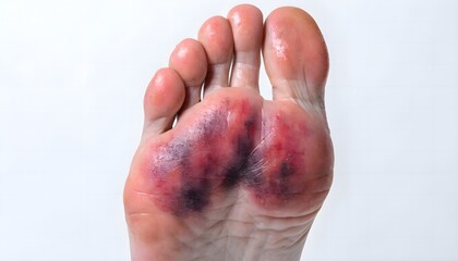 Fototapeta premium Medical reference photo of heel area bruising and plantar fascia tissue damage on sole of foot