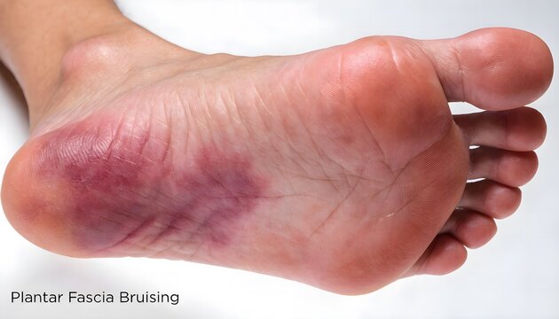 Medical reference photo of heel area bruising and plantar fascia tissue damage on sole of foot