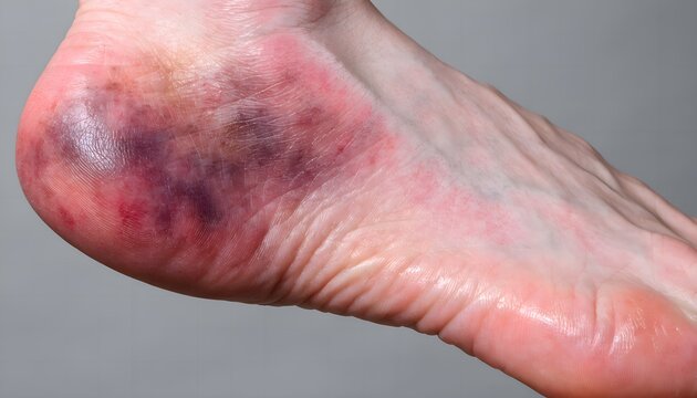 Medical reference photo of heel area bruising and plantar fascia tissue damage on sole of foot