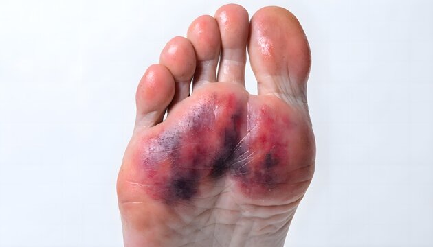 Medical reference photo of heel area bruising and plantar fascia tissue damage on sole of foot