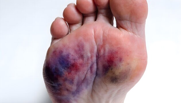 Plantar fascia bruising on heel area in sole of foot view for medical reference photography