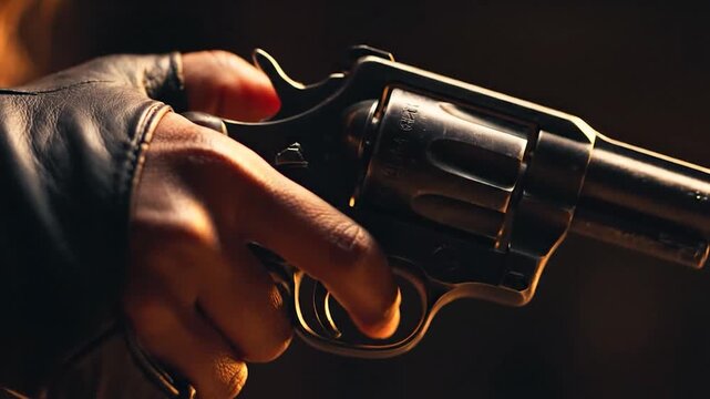 A gloved hand holds a classic revolver in dramatic light
