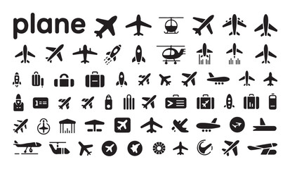 Extensive collection of airplane and transport icons, including planes helicopters rockets luggage and pilot symbols. © RANA