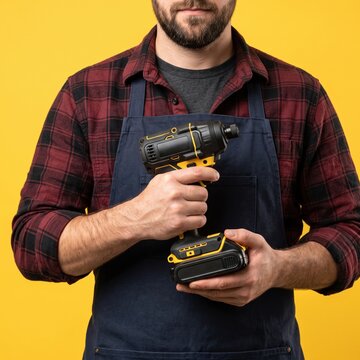 Bearded man in holds a cordless power drill, standing against a bright yellow background. Male hand and construction tools for house room renovation. Home renovation concept