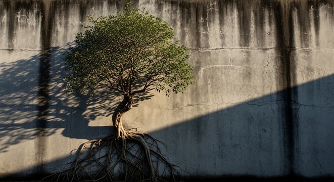 Defiance's Embrace: A lone tree, roots bared, casts a defiant shadow against the unyielding wall.