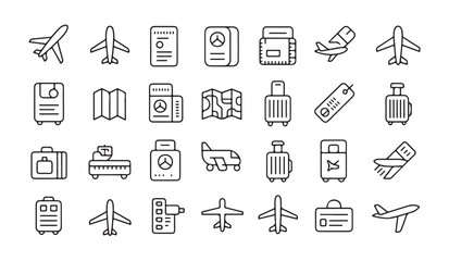 Fototapeta premium Linear travel and airport luggage icons set with various airplane models and passport document illustrations.