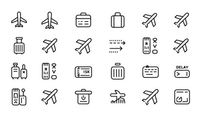 Fototapeta premium Set of plane, baggage, ticket, and airport icons on white background. travel symbol, vector flat design.