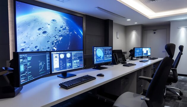 Modern control room with multiple monitors and space imagery