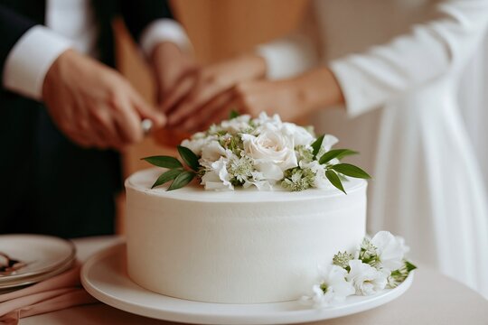 Bride and groom cutting white wedding cake marriage celebration ceremony