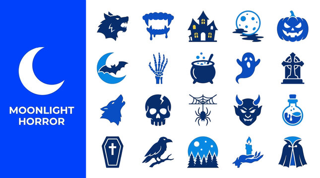 Spooky halloween and moonlight horror icons collection
